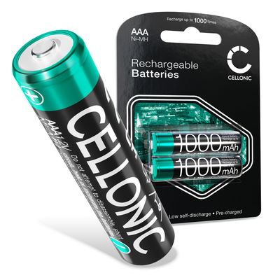 CELLONIC 2x AAA genopladelige batterier - 1.2V 1000mAh: lang driftstid, genopladeligt, mange opladningscyklusser - Batterier til fjernbetjening af telefon med babyalarm solcellelampe: genopladelige NiMH-batterier AAA Micro R03 LR03 LR03 genopladeligt batt
