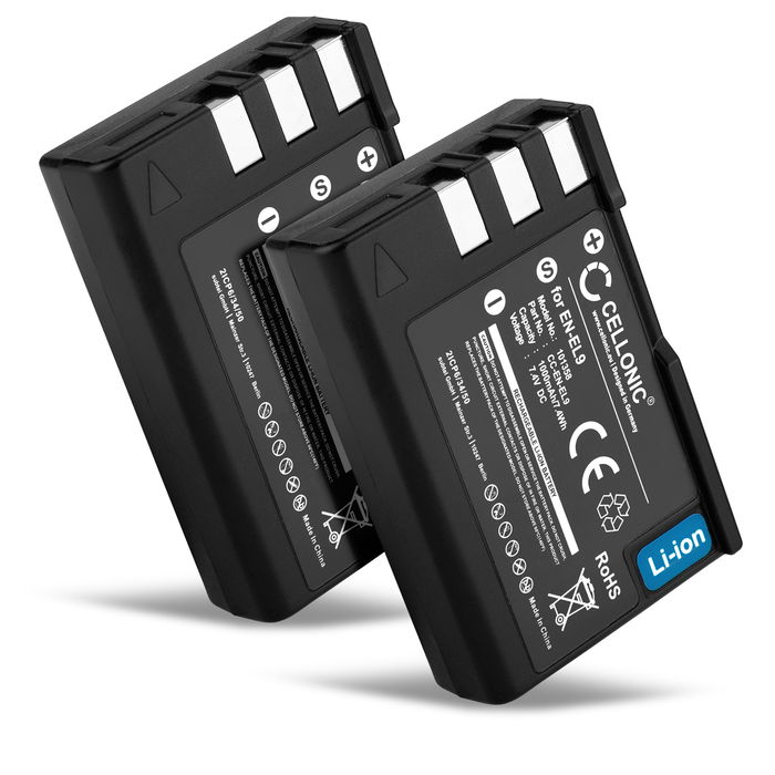 2x Batteri Nikon EN-EL9A, 1000mAh  