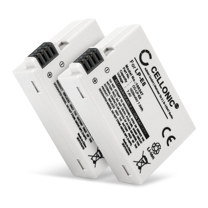 2x CELLONIC Camera Battery for Canon EOS 600D EOS 550D EOS 650D EOS 700D EOS Kiss X4 EOS X5 EOS X6i EOS Rebel T2i EOS T3i EOS T4i EOS T5i Replacement LP-E8 Battery 1020mAh Backup