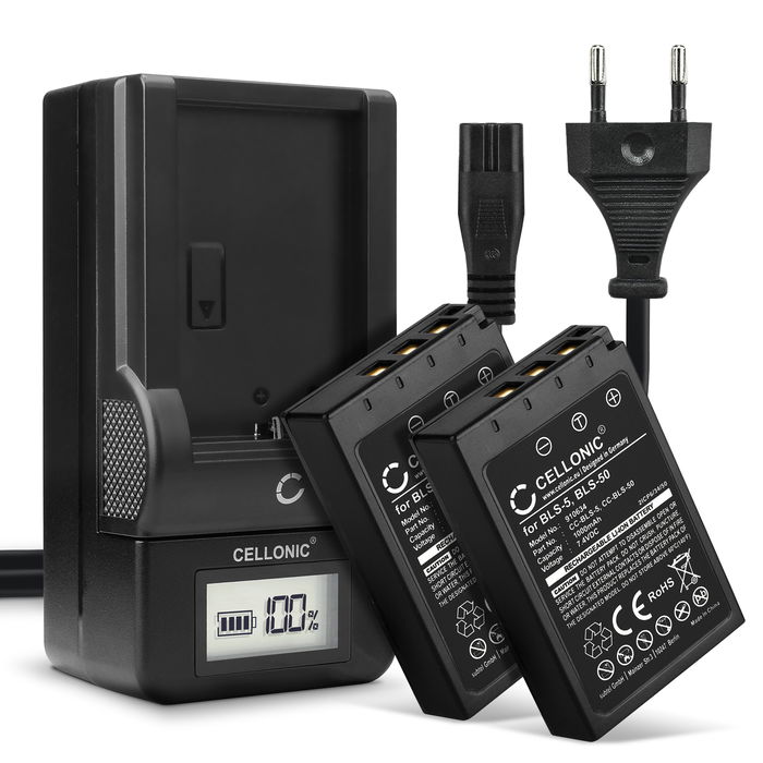 2x Olympus BLS-50 batteri 1000mAh 7.2V - 7.4V + Oplader fra CELLONIC