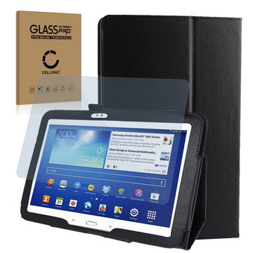 Smart Case + Skærmbeskytter glas til Samsung Galaxy Tab 3 10.1 (P5200 / P5210 / P5220) - Kunstlæder, sort taske lomme sag