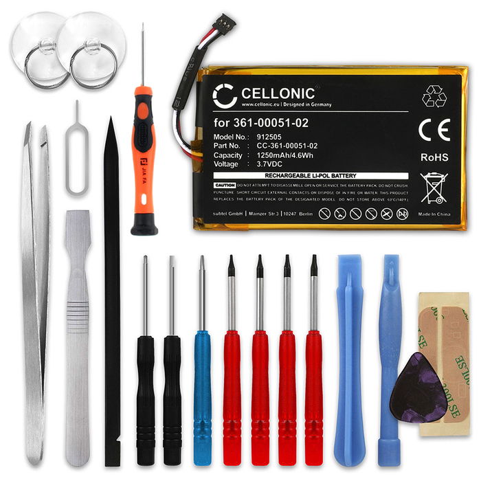 CELLONIC GPS Batteri til Garmin Dezl 560LMT Dezl 560LT Dezl 650LM Nüvi 150LMT Nüvi 150T Nüvi 2505 Nüvi 2595LMT + 17pc GPS Tool Kit 361-00051-02 1250mAh GPS Battery Replacement