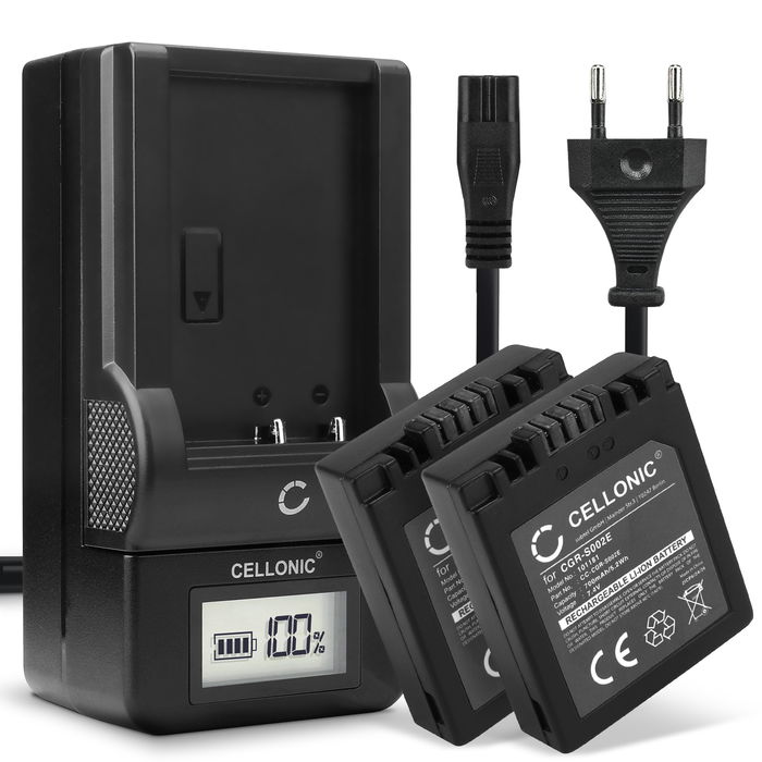 2x CGA-S002e CGA-S002e-1B CGR-S002 DMW-BM7 Camera Battery + Charger Set for Panasonic Lumix DMC-FZ10 DMC-FZ20 DMC-FZ5 -FZ1 -FZ15 -FZ2 -FZ3 DMC-FC20 700mAh Replacement Battery LCD Smart Charger
