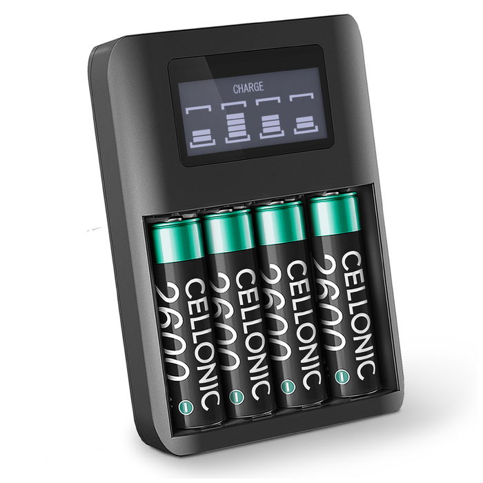 CELLONIC USB Batterioplader til AA og AAA Batterier (NiMH) med 4 Ladekanaler | Inklusiv 4 AA batterier | Batterilader, Overladningsbeskyttet, til genopladelige batterier