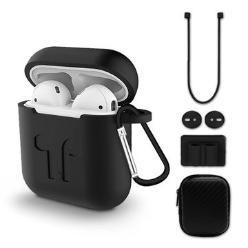 6-i-1 AirPods-tilbehørssæt: Beskyttende silikone AirPod-etui, AirPod-skind med nøglering, AirPod-snore/rem, AirPod-ørekroge, AirPod-holder til urbånd til AirPods 1 + 2