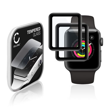 2x CELLONIC Skærmbeskytter til Apple Watch 1, Watch 2, Watch 3 - 38mm Fitness Tracker Smart Watch Face Protector - 3D Full Cover 0,30mm Full Glue Glas hærdet i 9 timer Sort
