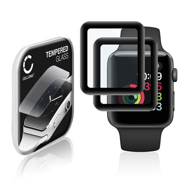 2x CELLONIC Skærmbeskytter til Apple Watch 1 / 2 / 3 - 42mm Fitness Tracker Smart Watch Face Protector - 3D Full Cover 0,30mm Full Glue Glas hærdet i 9 timer Sort