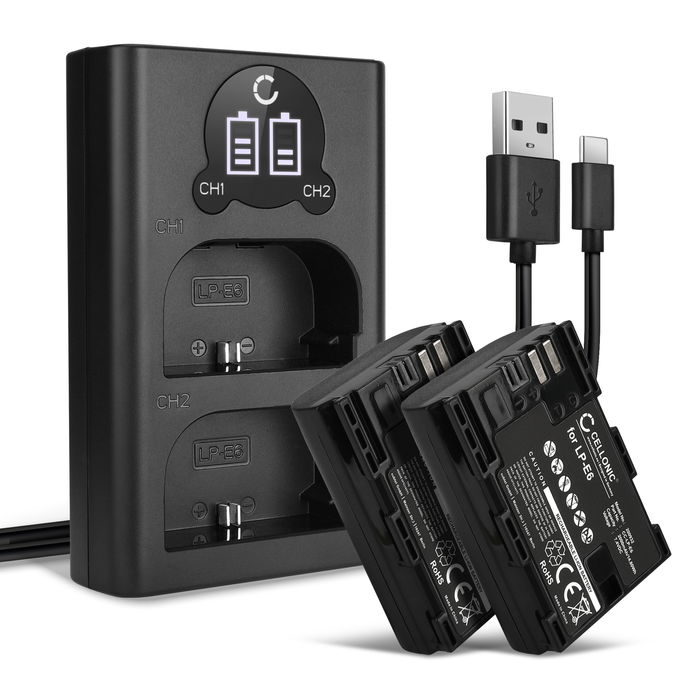 2x Canon EOS 7D Mark II batteri 2000mAh 7.4V + Dobbelt Oplader fra CELLONIC