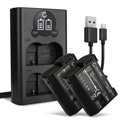 2x Batteri EN-EL15 + Dobbelt Oplader til Nikon D850 D750 1 V1 D7500 D7200 D800 D810 fra CELLONIC