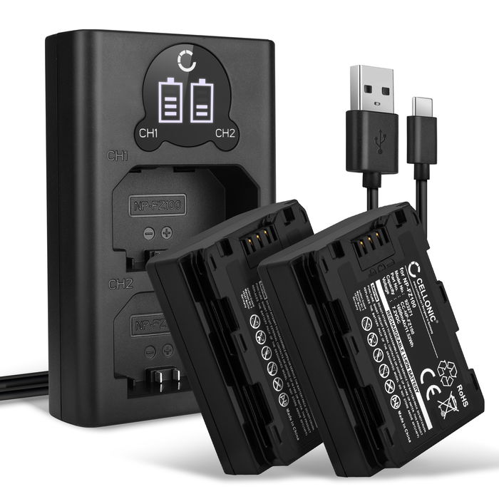 2x kamera batteri + Dobbelt Oplader til Sony ZV-E1 nyt eller ekstra NP-FZ100 batteri1600mAh