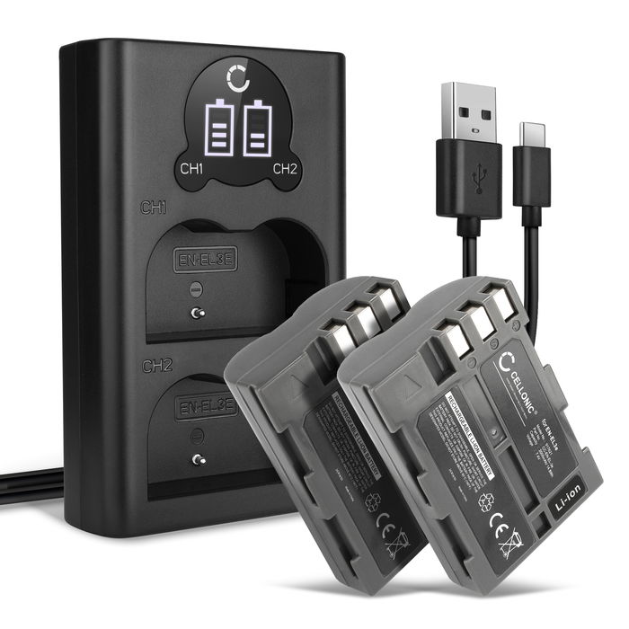 2x Nikon MH-18a batteri 2000mAh 7.4V + Dobbelt Oplader fra CELLONIC