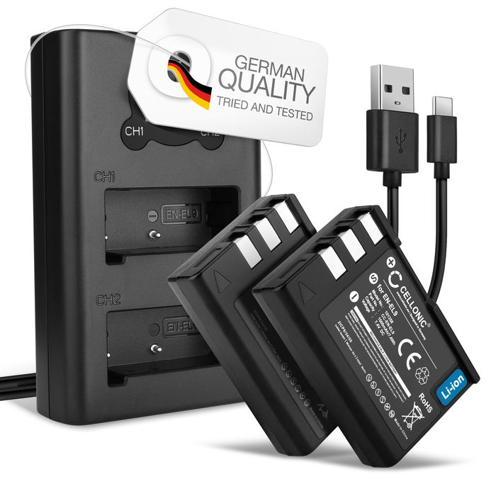 2x Nikon D3000 Battery + Dual Charger 1000mAh from CELLONIC