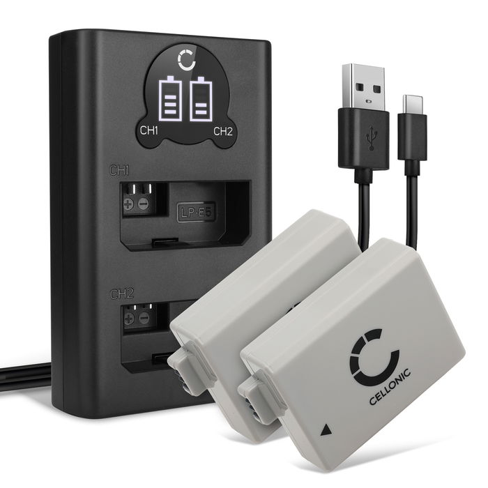 2x Canon EOS 450D batteri 1020mAh 7.2V - 7.4V + Dobbelt Oplader fra CELLONIC