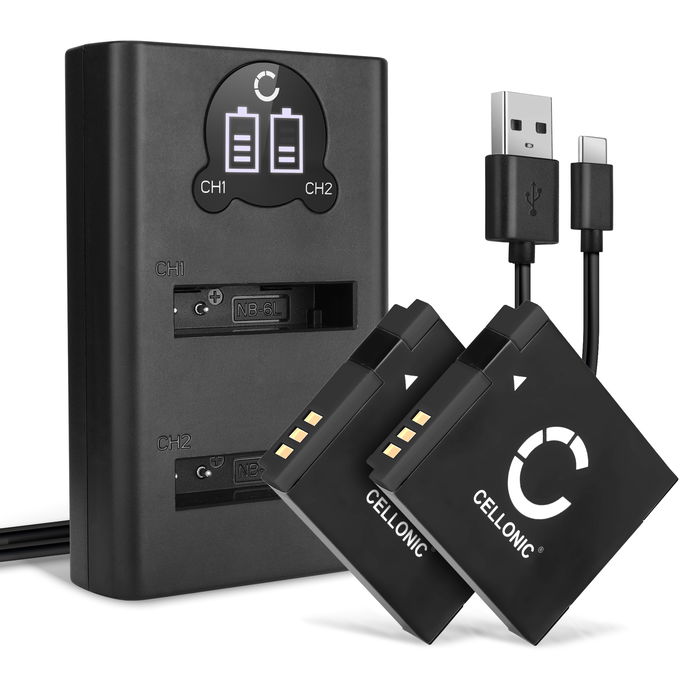 2x Canon CB-2LY batteri 1000mAh 3.6V - 3.7V + Dobbelt Oplader fra CELLONIC