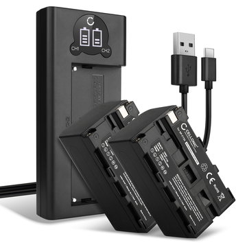 2x Kamera batteri til Sony NX100 NX5 HXR-MC2500 MC2000 VX2100 VX2000 HDR-FX1 FX7 DSR-PD170 PD150 TRV900 NP-F970 NP-F960 NP-F570 NP-F770 - Udskift NP-F970 NP-F960 NP-F570 NP-F770 batteri 4400mAh + Dobbelt Oplader BC-VM50 ekstra batteri