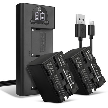 2x Kamera batteri til Sony AX1 VX2000 VX2100 HDR-FX1 FX7 DSR-PD170 PD150 HXR-MC2000 FDR-AX1 TRV900 Z CAM E2 NP-F970 NP-NP-F550 NP-NP-F330 NP-F750 - Udskift NP-F970 NP-NP-F550 NP-NP-F330 NP-F750 batteri 6600mAh + Dobbelt Oplader BC-VM50 ekstra batteri
