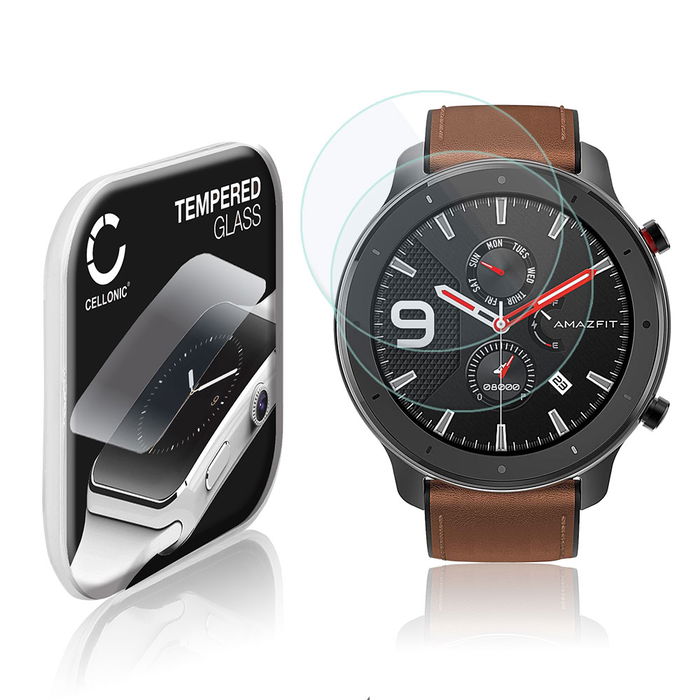 2x CELLONIC Screen Protector for Amazfit GTR - 47mm Fitness Tracker Smart Watch Face Protector - 2.5D 0,30mm Full Glue 9H Tempered Glass Display Cover Crystal Clear