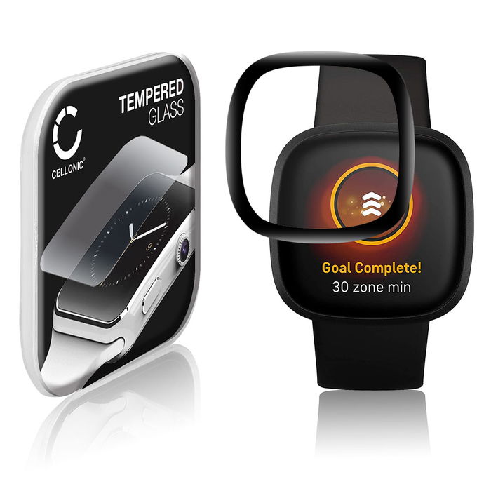 CELLONIC Skærmbeskytter til FitBit Versa 3 / Sense Fitness Tracker Smart Watch Face Protector - 3D Full Cover 0,30mm Full Glue Glas hærdet i 9 timer Sort