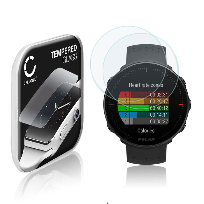 2x CELLONIC Skærmbeskytter til Polar Vantage M Fitness Tracker Smart Watch Face Protector - 2.5D 0,33mm Full Glue Glas hærdet i 9 timer Sort