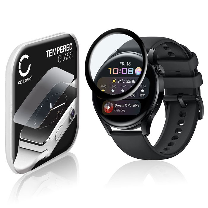 CELLONIC Skærmbeskytter til Huawei Watch 3 - 46mm Fitness Tracker Smart Watch Face Protector - 3D Full Cover 0,33mm Full Glue Glas hærdet i 9 timer Gennemsigtig