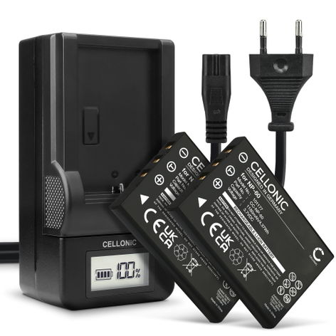 2x Batteri til Medion Life E47001 E47001 E47006 P47000 P47002 P47003 P47005 P47006 X47015 MD 41856 NP-60 (1180mAh, 3.7V) + Oplader fra CELLONIC