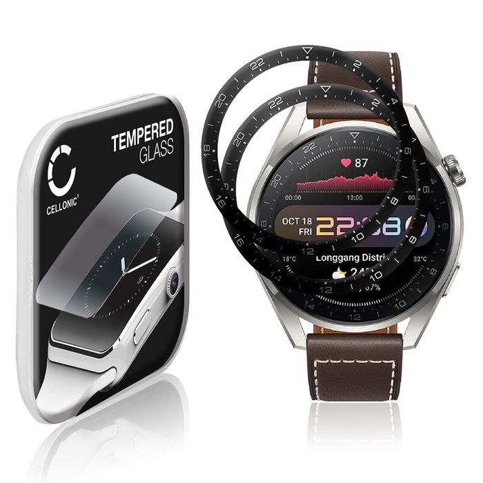 2x CELLONIC Skærmbeskytter til Huawei Watch 3 Pro Fitness Tracker Smart Watch Face Protector - 3D Full Cover 0,33mm Full Glue Glas hærdet i 9 timer Gennemsigtig