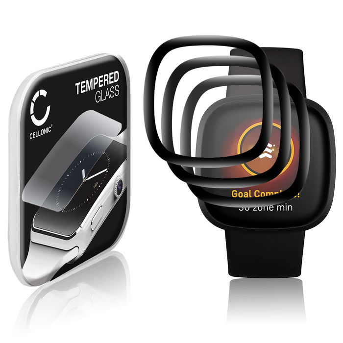3x CELLONIC Skærmbeskytter til FitBit Versa 3 / Sense Fitness Tracker Smart Watch Face Protector - 3D Full Cover 0,30mm Full Glue Glas hærdet i 9 timer Sort