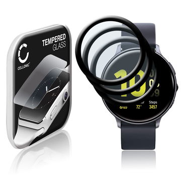3x CELLONIC Skærmbeskytter til Samsung Galaxy Watch Active 2 (44mm) Fitness Tracker Smart Watch Face Protector - 3D Full Cover 0,33mm Full Glue Glas hærdet i 9 timer Sort