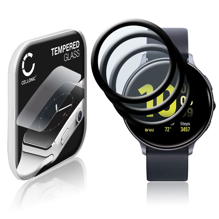 3x CELLONIC Skærmbeskytter til Samsung Galaxy Watch Active 2 (44mm) Fitness Tracker Smart Watch Face Protector - 3D Full Cover 0,33mm Full Glue Glas hærdet i 9 timer Sort