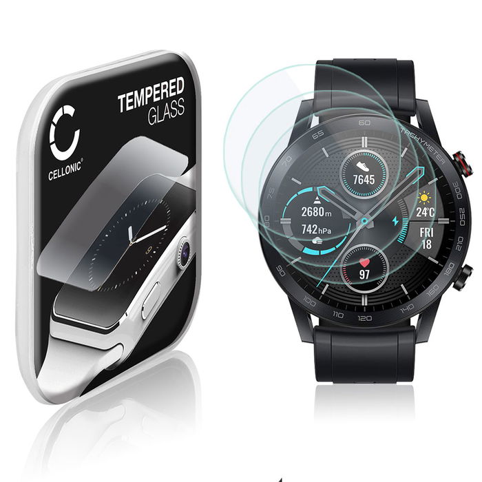 3x CELLONIC Skærmbeskytter til Honor Magic Watch 2 (46mm) Fitness Tracker Smart Watch Face Protector - 2.5D 0,33mm Full Glue Glas hærdet i 9 timer Gennemsigtig