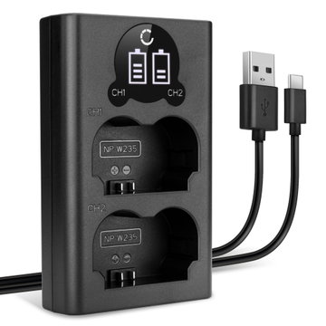 USB-dobbeltoplader (NP-W235) til FujiFilm X-T4 / GFX 50S II / GFX100S / X-H2S + 1m + USB Kabel fra CELLONIC