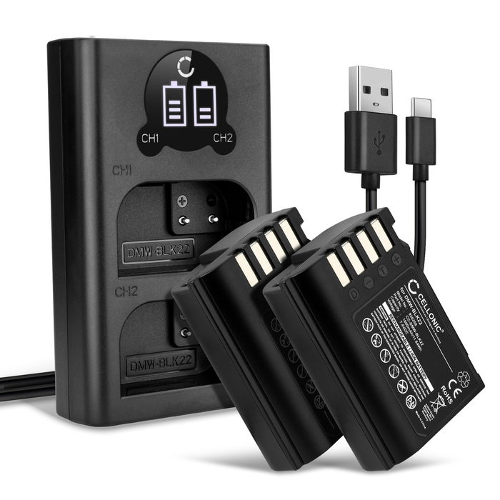 2x kamera batteri + Dobbelt Oplader til Panasonic Lumix G9 nyt eller ekstra DMW-BLK22 batteri1600mAh