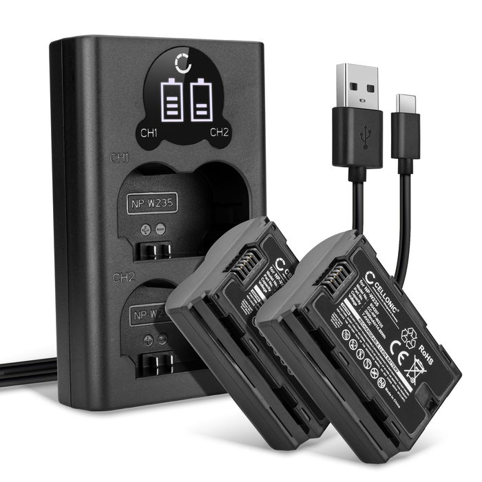 2x kamera batteri + Dobbelt Oplader til FujiFilm X-H2S nyt eller ekstra NP W235 batteri2000mAh