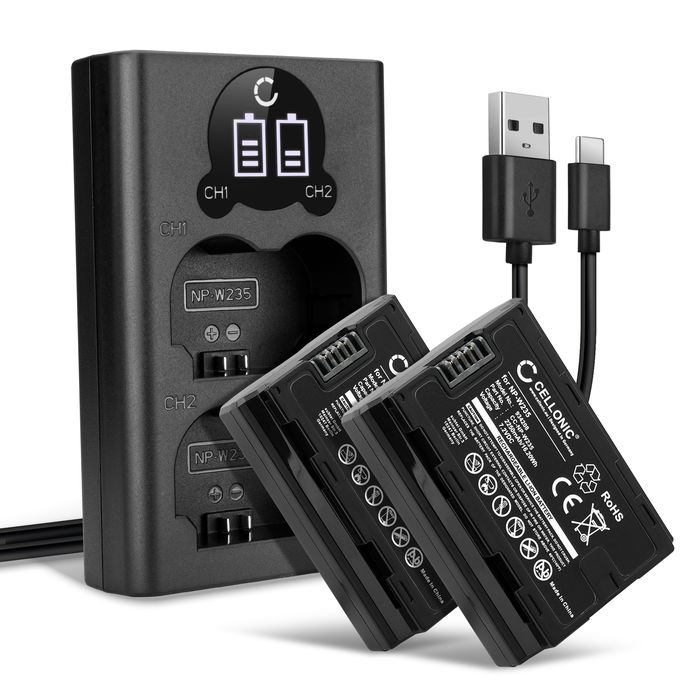 2x Fuji FujiFilm NP-W235 batteri 2250mAh 7.4V + Dobbelt Oplader fra CELLONIC