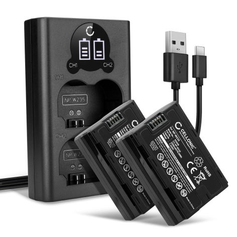 2x Batteri til FujiFilm GFX100S, GFX 50S II, XT4, NPW235 NP W235 (2250mAh, 7.2V) + Dobbeltoplader fra CELLONIC
