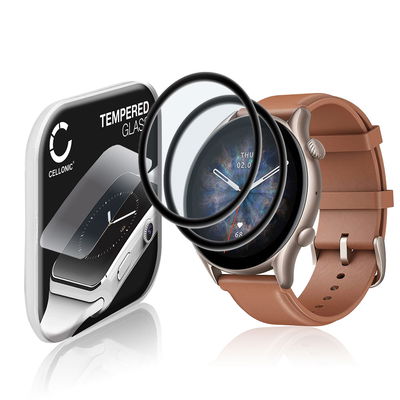 2x CELLONIC Screen Protector for Amazfit GTR 3 Pro Fitness Tracker Smart Watch Face Protector - 3D Full Cover 0,33mm Full Glue 9H Tempered Glass Display Cover Black