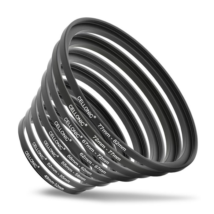 CELLONIC 8-dels sæt - Filter og blænde med opadgående adapterring til opadgående adapterringe til objektiv 49-52mm, 52-55mm, 55-58mm, 58-62mm, 62-67mm, 67-72mm, 72-77mm, 77-82mm