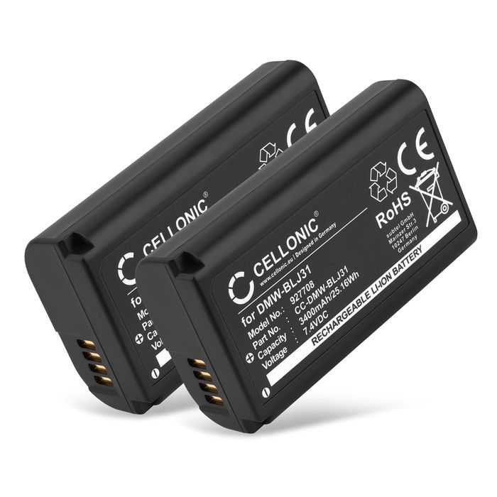 2x Batteri til Panasonic Lumix DC-S1 Lumix DC-S1H Lumix DC-S1R Lumix S1 Lumix S1H Lumix S1R DMW-BLJ31 (3400mAh, 7.4V) fra CELLONIC