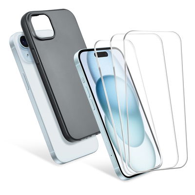 Apple iPhone 15 Plus, 1 x beskyttelsesetui sort TPU og 3 x skærmbeskyttelsesglas 6,7 2.5D Case-friendly 9H 0,33mm Full Glue, skærmbeskyttelsesglas hærdet glas