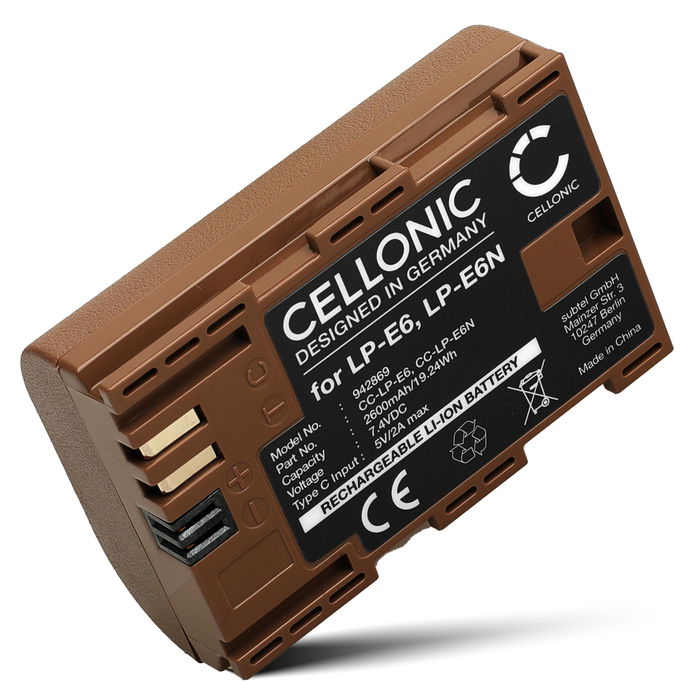 Batteri til Canon EOS 80D, 70D, 60D, 7D, 6D, 5DS, EOS 5D Mark IV, III, II TLP-E6P (2600mAh, 7.4V) fra CELLONIC