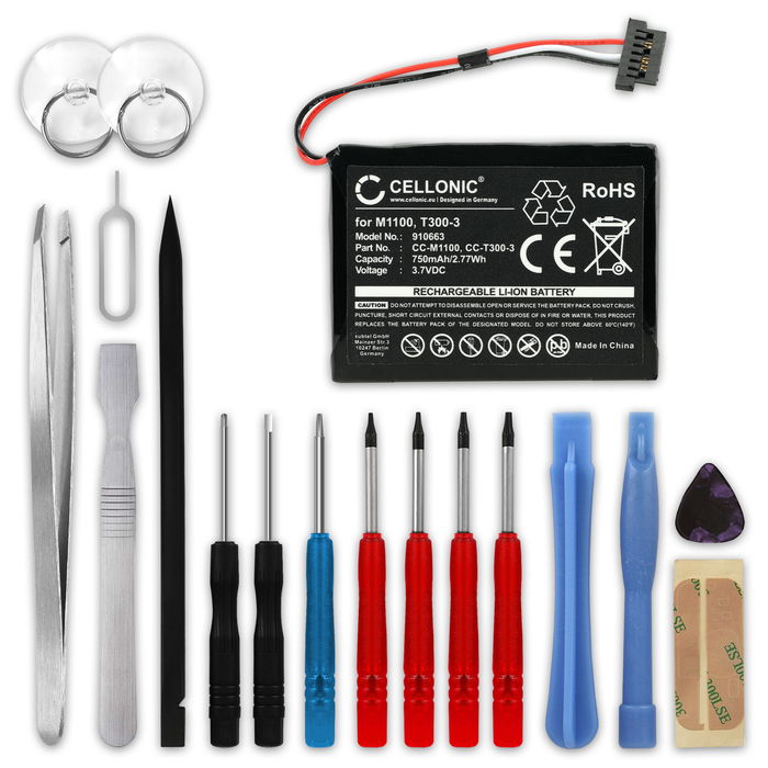 Battery til Mitac Mio Moov M400, Mio Moov M405, Mio N177, Mio Moov 500, M1100, 338937010172 750mAh 3.7V + 17-dels værktøj sæt fra subtel