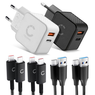 CELLONIC Rejsesæt – 2x Dobbeltoplader USB-C & USB + 4 Opladningskabler til Smartphone, Laptop, GPS, Tablet, Højttaler, Smartwatch m.m. – 2x 20W PD USB Hurtigoplader i Sort og Hvid