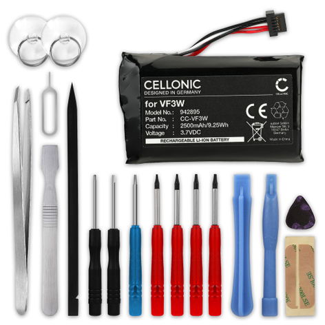Battery for TomTom Rider 500, 42, 420, 450, 40, 400; 4GE40 LHA11133000, VF3W (2500mAh, 3.7V) + Tool-kit 17pcs from CELLONIC