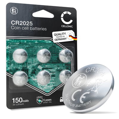 CELLONIC CR2025 Knapcellebatterier (Lithium, 150 mAh, 3V) til Bilnøgler, Garagefjernbetjeninger, Medicinsk Udstyr – x6-Pakke