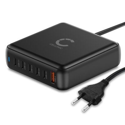 200W 6-port GaN USB-C Opladerhub – PD QC 3.0 Hurtig Lade­station til Laptops, Tablets & Telefoner fra CELLONIC