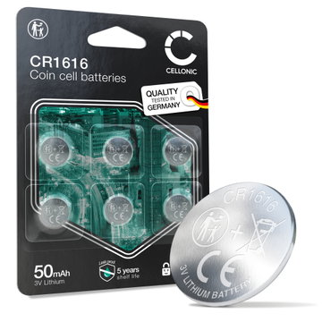 CELLONIC CR1616 Knapcellebatterier (Lithium, 50mAh, 3V) til Bilnøgler, Ure, Sensorer – x6-Pakke