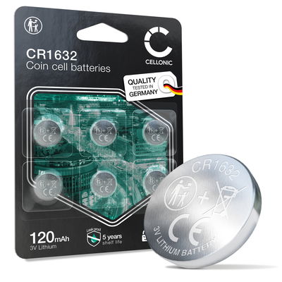 CELLONIC CR1632 Knapcellebatterier (Lithium, 120mAh, 3V) til Bilnøgler, LED-Enheder, Cykelcomputere – x6-Pakke