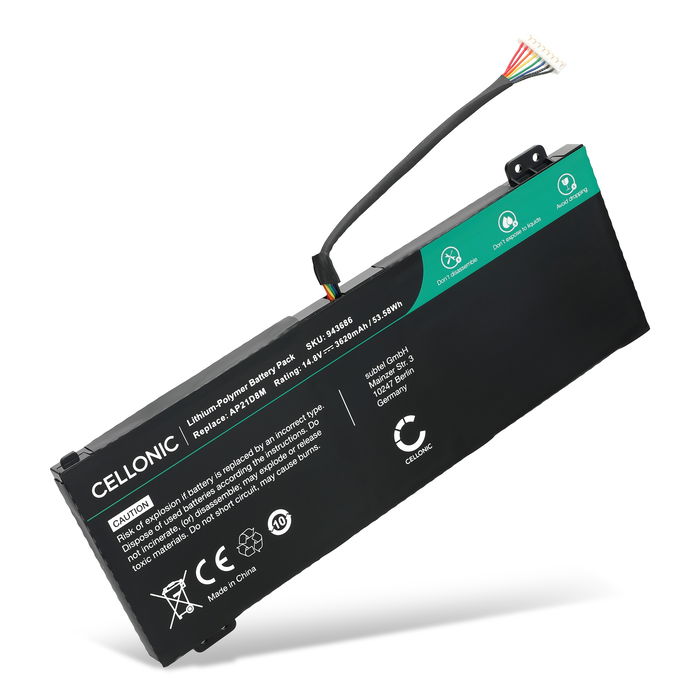 1x Battery for Acer Nitro 5, V 15, 16 AN160-51, 16 AN515-46, 5 AN515-46, 5 AN515-47, 5 AN515-58, AN16-51, Acer AP21D8M, CS-ACN161NB, KT.0040G.015 14.8V 3620mAh from CELLONIC