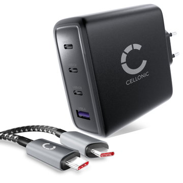 CELLONIC 140W GaN USB C Charger – 4-Port Multiport Adapter (3x USB-C, 1x USB-A) with Fast Charging PD, compatible with MacBook, iPhone, iPad, Samsung Galaxy, Laptop – compact & travel-friendly